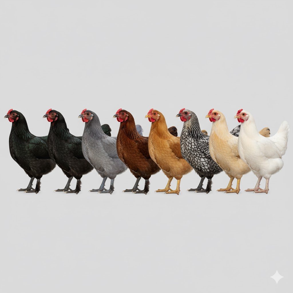The eight APA-recognized Ameraucana color varieties for large fowl: Black, Blue, Blue Wheaten, Brown Red, Buff, Silver, Wheaten, and White. Each variety maintains the breed's signature slate legs, pea comb, and muffs and beard.