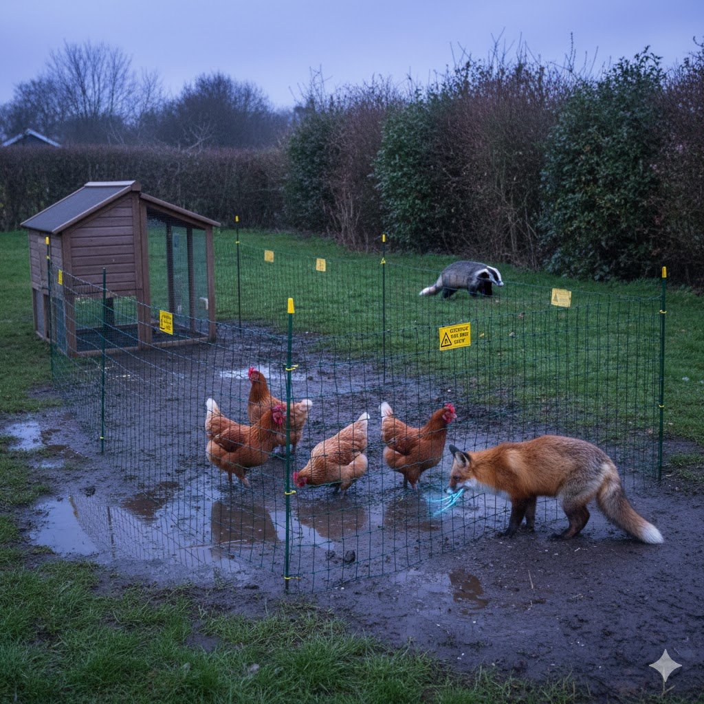 Electric fence protecting chickens from UK predators like foxes and badgers in a backyard enclosure.