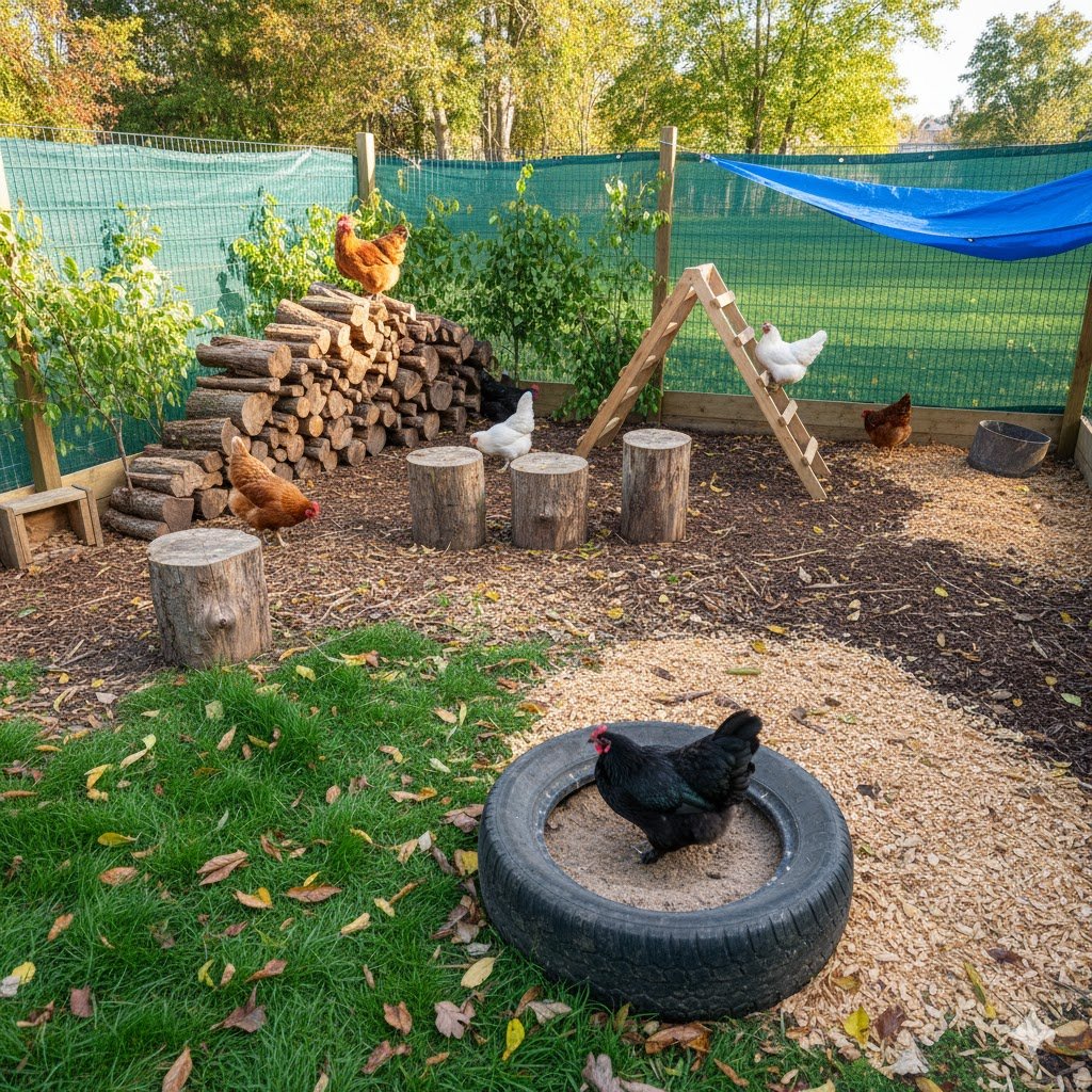 Spacious chicken run featuring logs, stumps, varied ground cover, perching branches, and natural foraging areas for optimal chicken enrichment