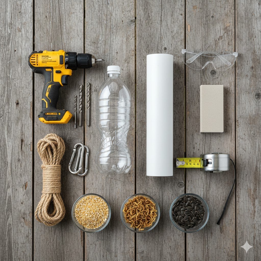 Overhead flat lay of materials needed for chicken treat dispenser including PVC pipe, drill bits, rope, plastic bottles, and chicken treats on wooden surface