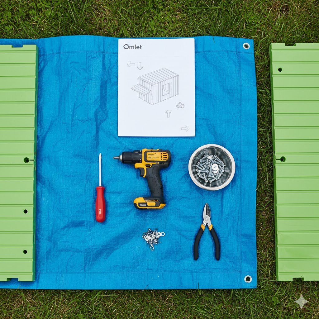 Phillips head screwdriver, electric drill, and organized Omlet Eglu Cube parts laid out on tarp ready for assembly