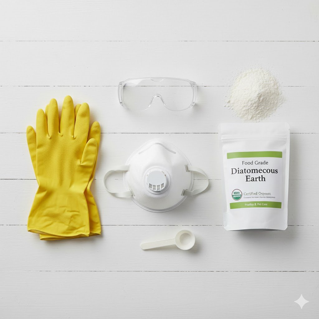 Flat lay arrangement of safety equipment including N95 mask, safety goggles, rubber gloves, and a container of food-grade diatomaceous earth with OMRI certification visible