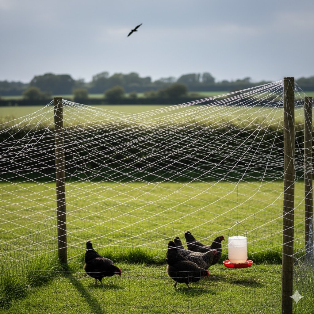 Fishing Line Crisscross Pattern Deterring Buzzards from Chicken Run