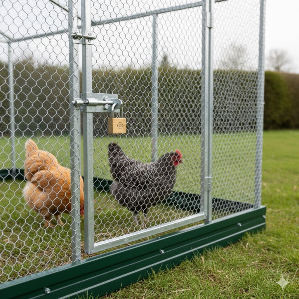 Secure chicken coop showing predator-proof features including strong mesh wire, anti-dig skirting, and secure locks protecting against UK foxes