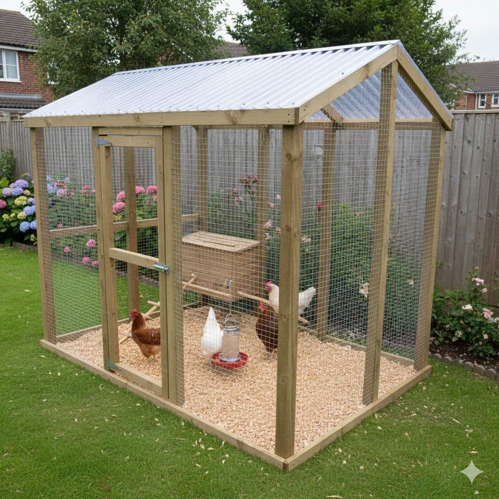 Professional walk-in chicken run with clear corrugated plastic roof and wire mesh sides protecting chickens from buzzards and foxes in British garden