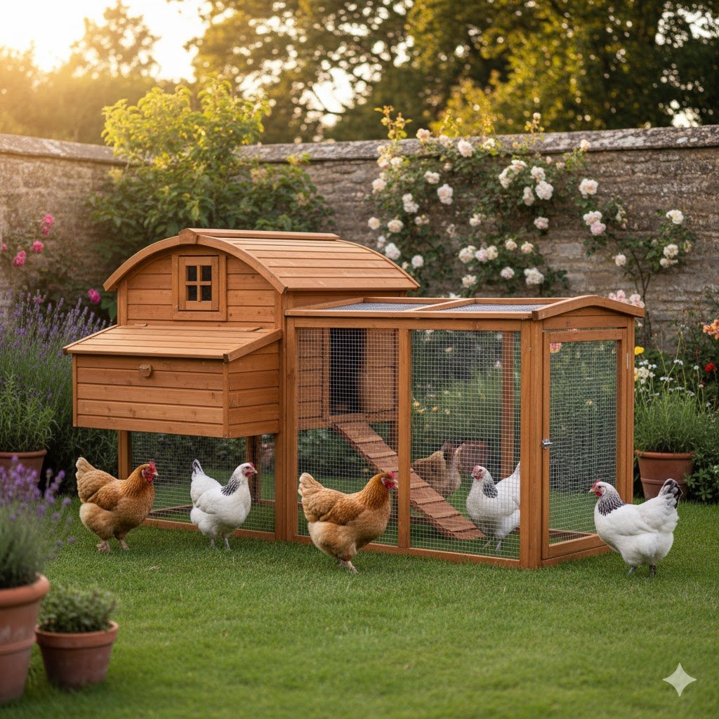 Traditional Framebow Arch wooden chicken coop with curved roof made from pressure-treated Scandinavian redwood timber in UK garden
