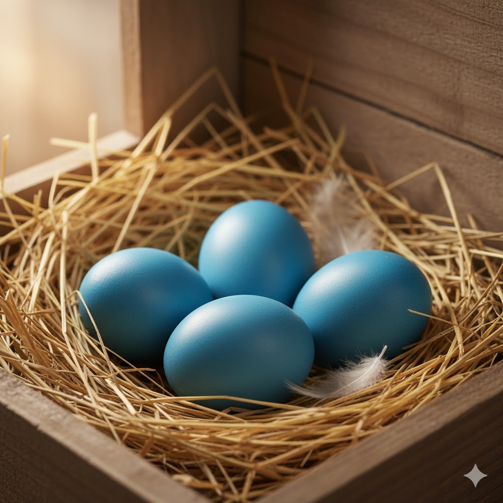 The signature blue eggs of Ameraucana chickens. The blue color permeates the entire shell (not just the surface) thanks to the oocyanin pigment deposited during shell formation.