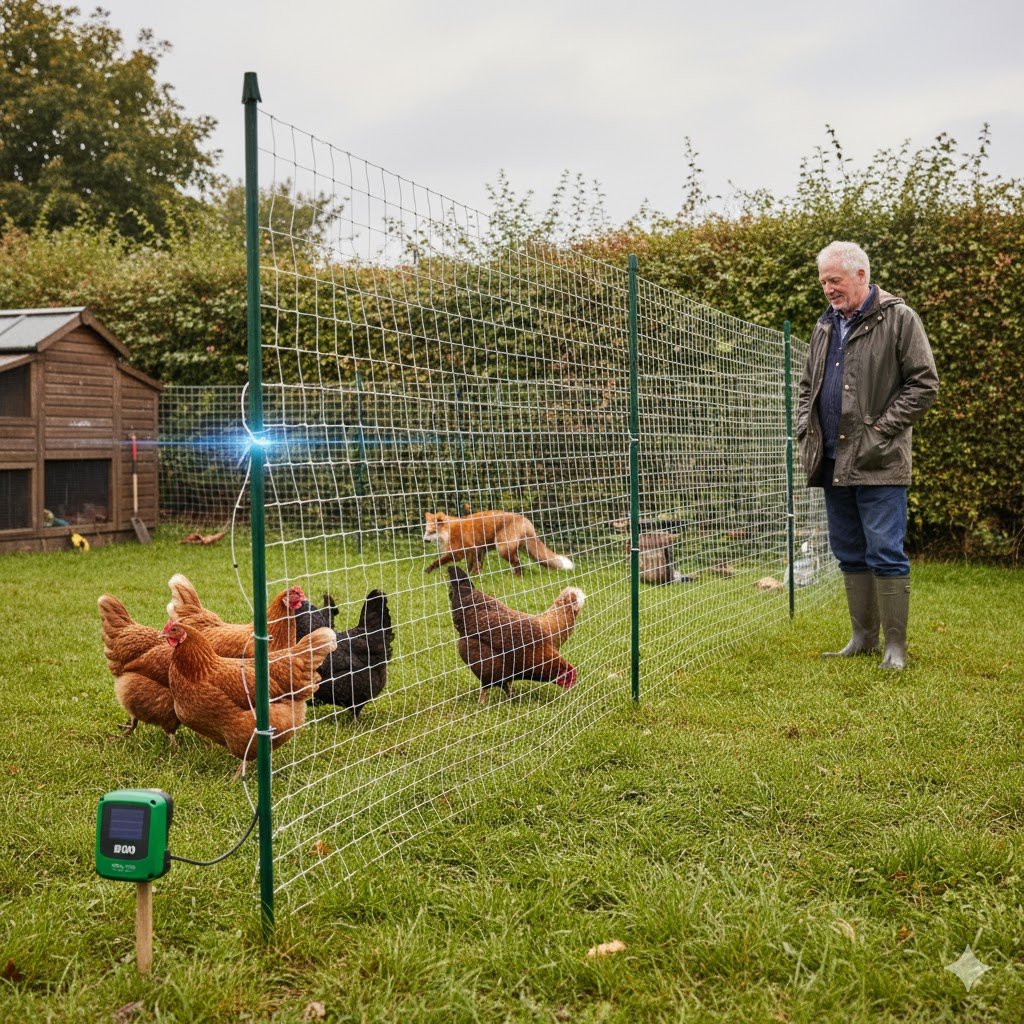 Gallagher poultry netting electric fence in action protecting UK backyard chickens from predators.