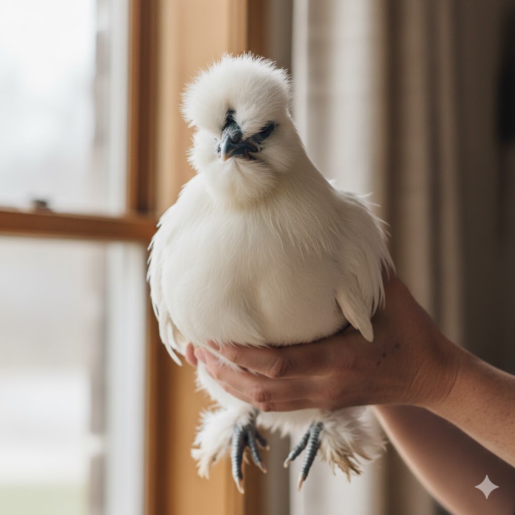 Adult hands gently holding a Silkie bantam with fluffy crest and beard, calm posture, indoor natural light, no face shown.