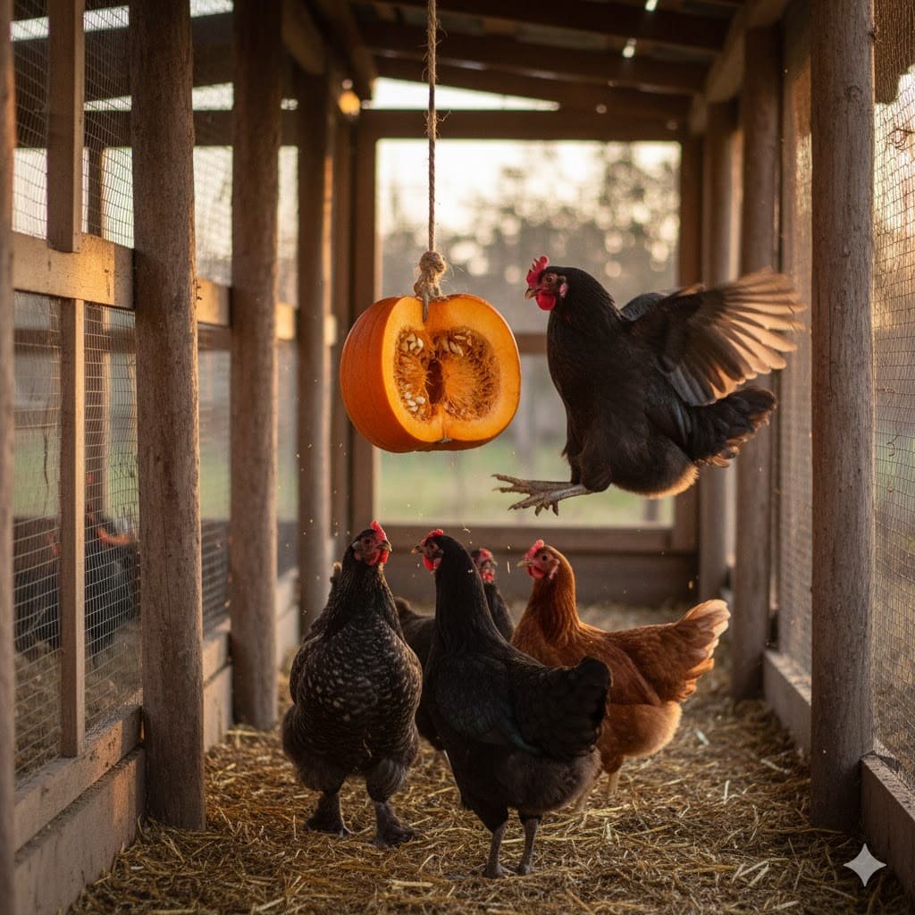 Pumpkin half hanging from rope in chicken coop while chickens peck at it for enrichment and entertainment