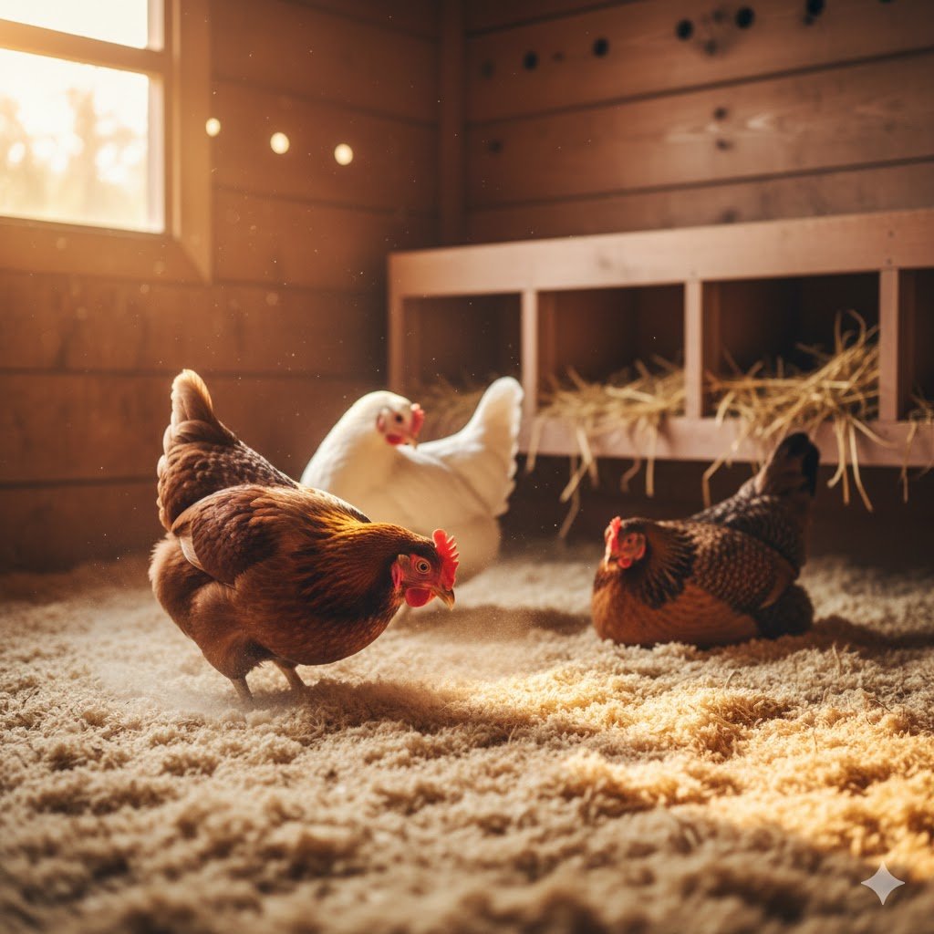 Healthy backyard chickens in UK on clean dry hemp bedding showing good welfare and coop management