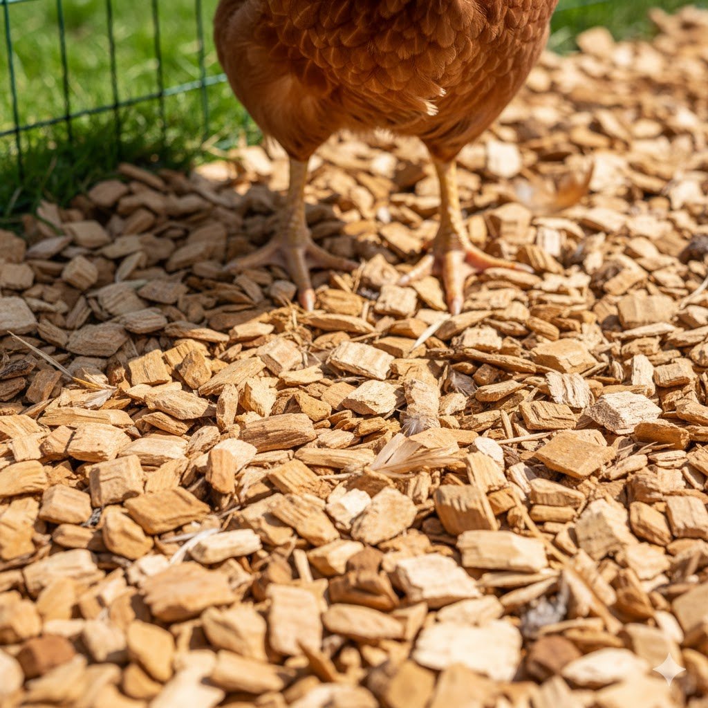 Close-up of clean hardwood woodchips in chicken run with healthy hen's feet and legs visible showing dry, mud-free conditions