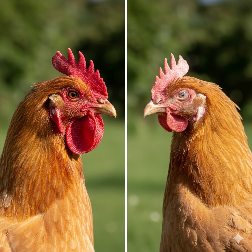 A split-screen comparison showing a healthy chicken with a vibrant red comb and an anaemic chicken with a pale, pinkish-white comb.