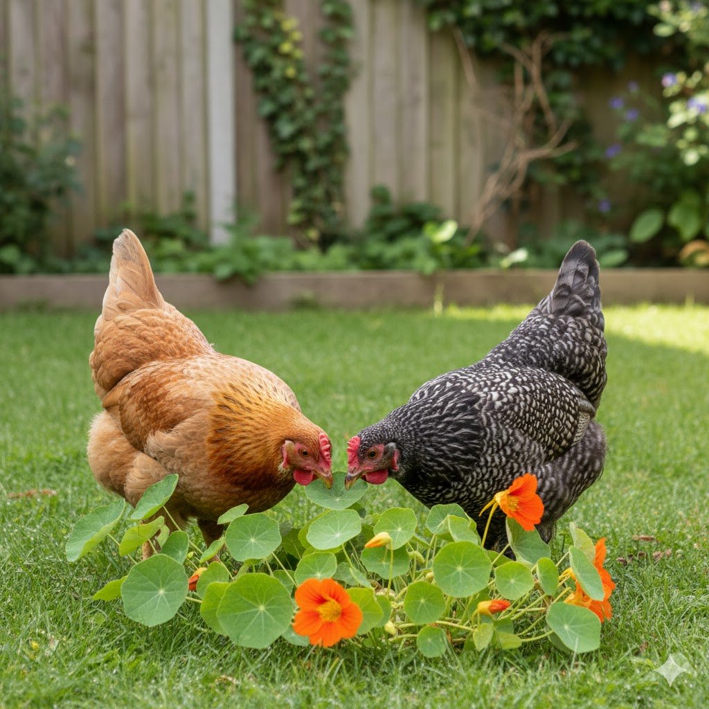 Two healthy chickens in a grassy run happily pecking at edible nasturtium leaves and orange flowers.