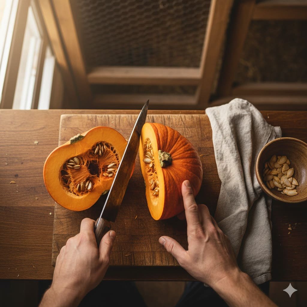 Hands cutting orange pumpkin in half on wooden cutting board showing preparation method for chicken feeding
