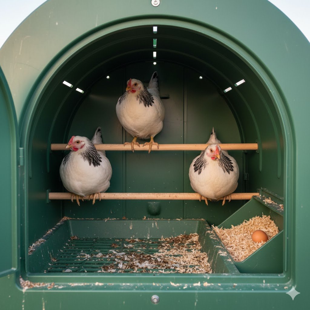 Interior view of Omlet Eglu Cube showing twin-wall plastic construction, wooden roosting bars, and nesting box area with three brown hens roosting comfortably