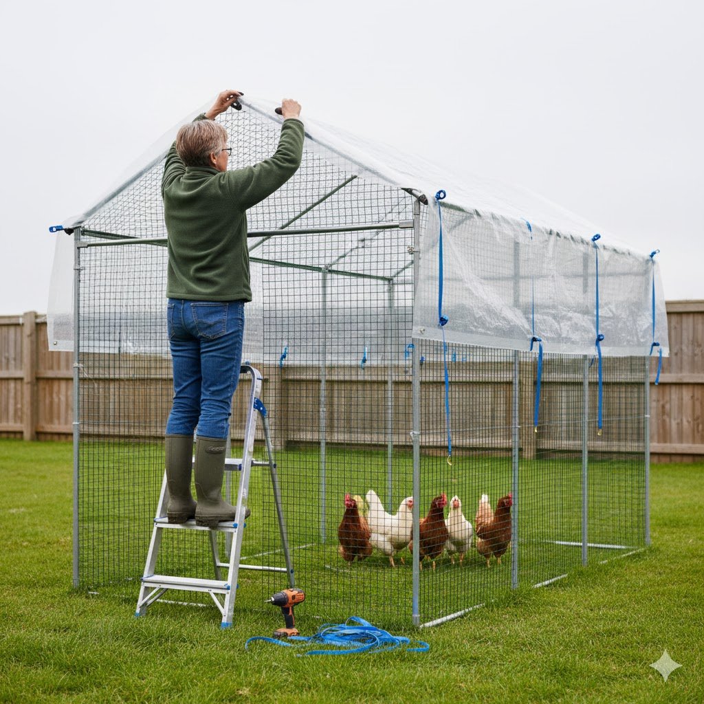 Person stretching and securing clear PVC tarp over chicken run frame using bungee cords in British garden setting