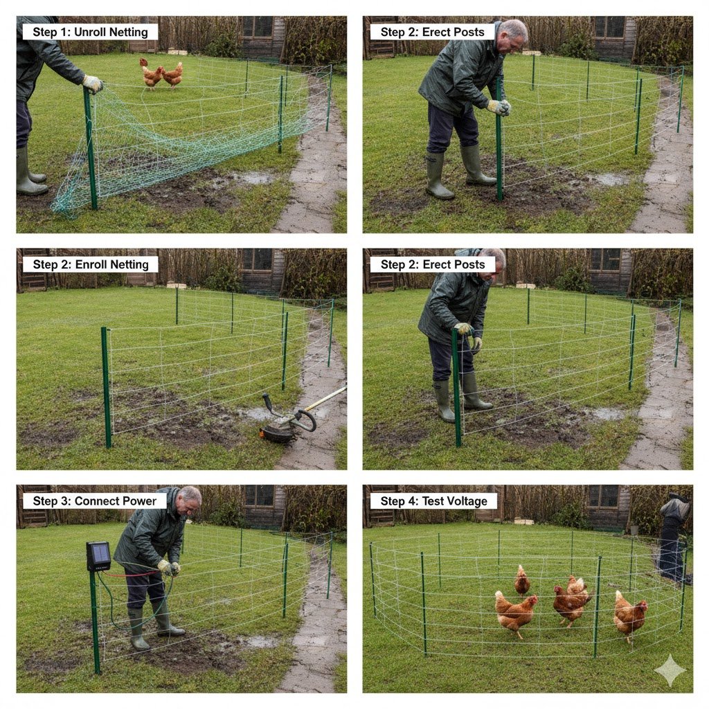 Step-by-step guide to installing electric fencing kits for protecting chickens in the UK backyard.