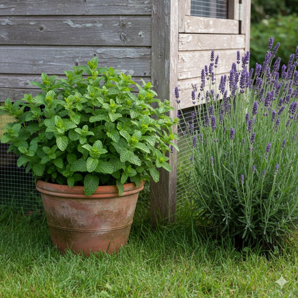 A close-up of a bushy peppermint plant in a terracotta pot and a flowering lavender plant, placed near the corner of a chicken coop.
