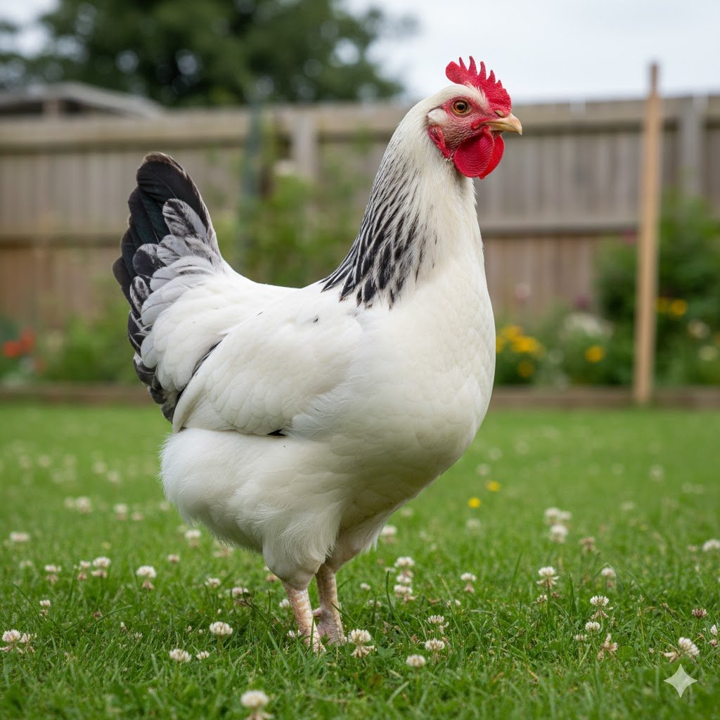 Light Sussex hen foraging in UK backyard garden showing distinctive white plumage with black neck hackles and tail markings