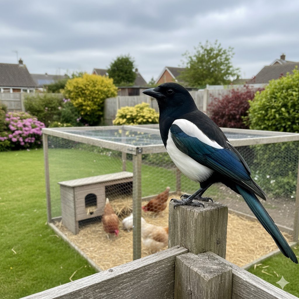 Black and white magpie corvid bird perched on fence near chicken run with nesting boxes in British garden