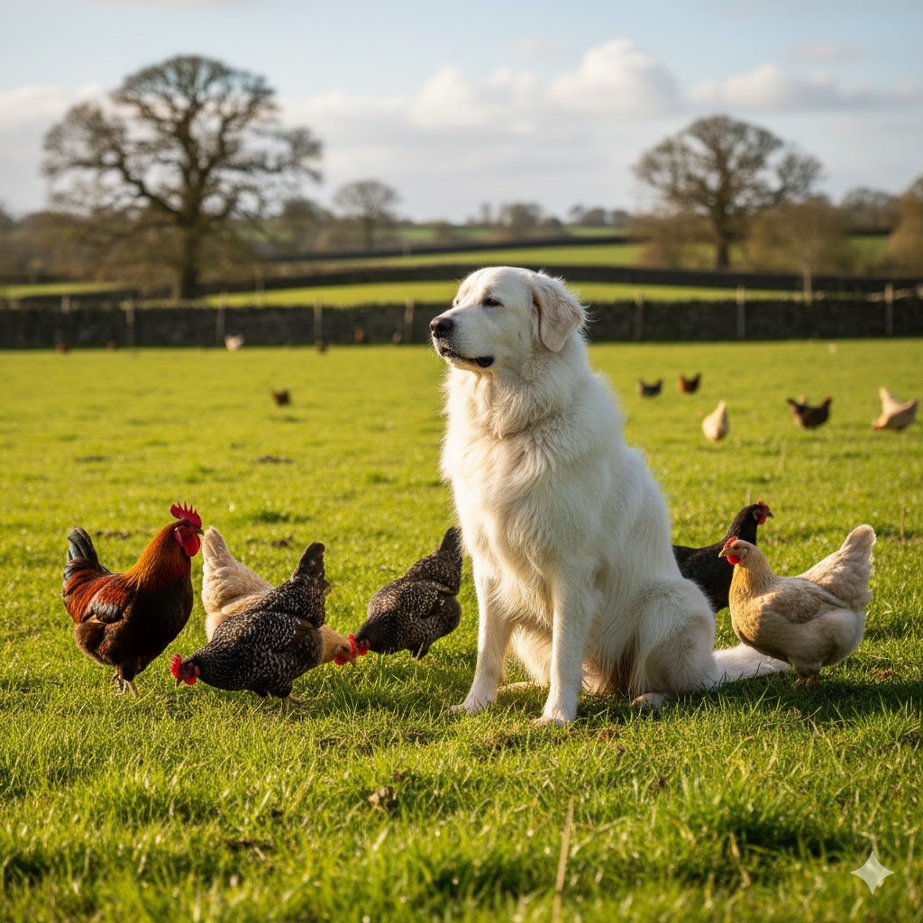 White Maremma sheepdog livestock guardian dog calmly watching over free-range chickens in British countryside farm setting