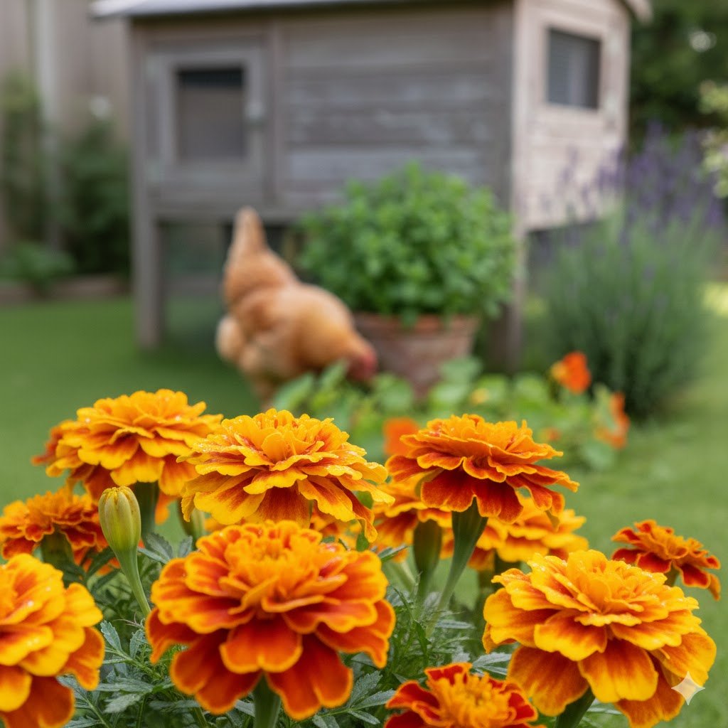 A vibrant macro shot of bright orange French marigolds, with a chicken and coop softly blurred in the background