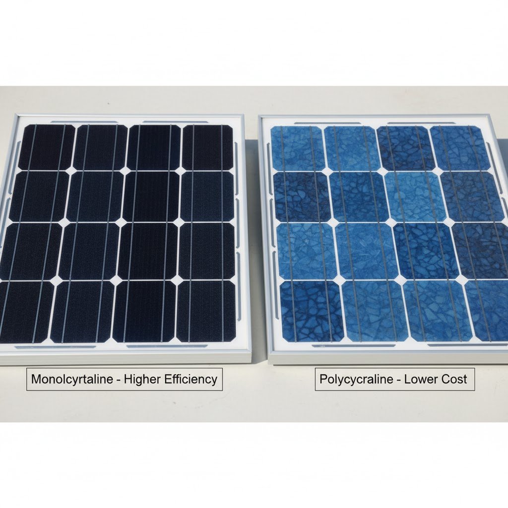 Side-by-side comparison of monocrystalline solar panel with uniform dark cells and polycrystalline panel with blue multi-crystal pattern showing visual and efficiency differences