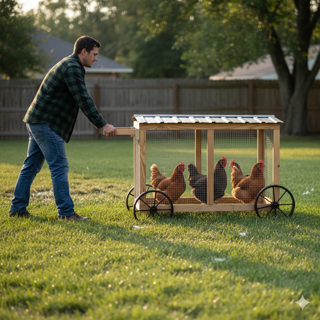 Person pulling chicken tractor with wheels across suburban backyard lawn showing daily movement routine required for mobile coops