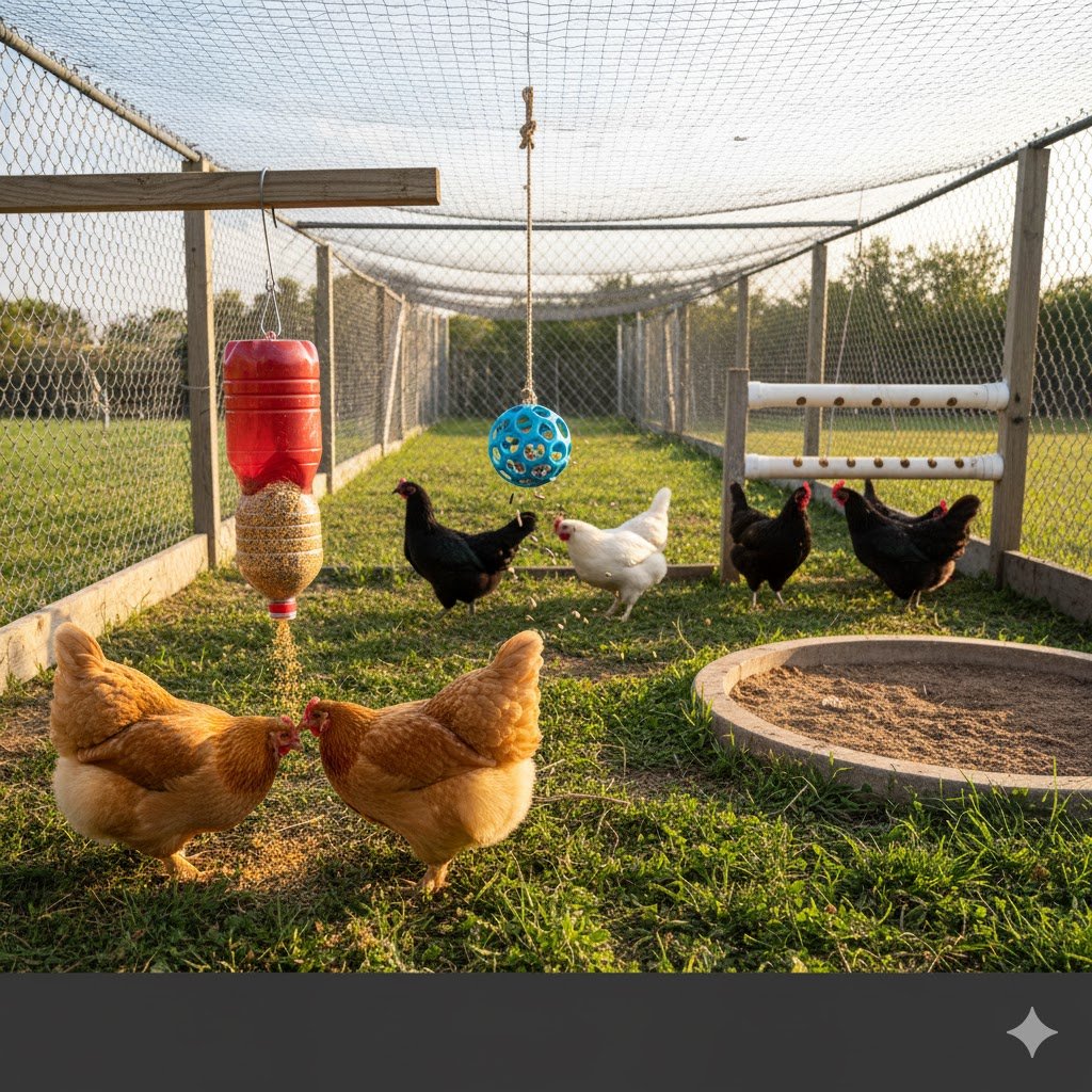 Three different DIY treat dispensers hanging at various heights in chicken run with different breeds of chickens using each one simultaneously
