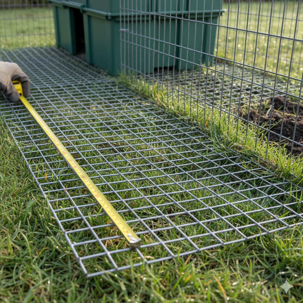 Ground-level view of Eglu Cube steel mesh anti-tunnel skirt extending outward on grass showing fox-proof and rat-resistant design feature