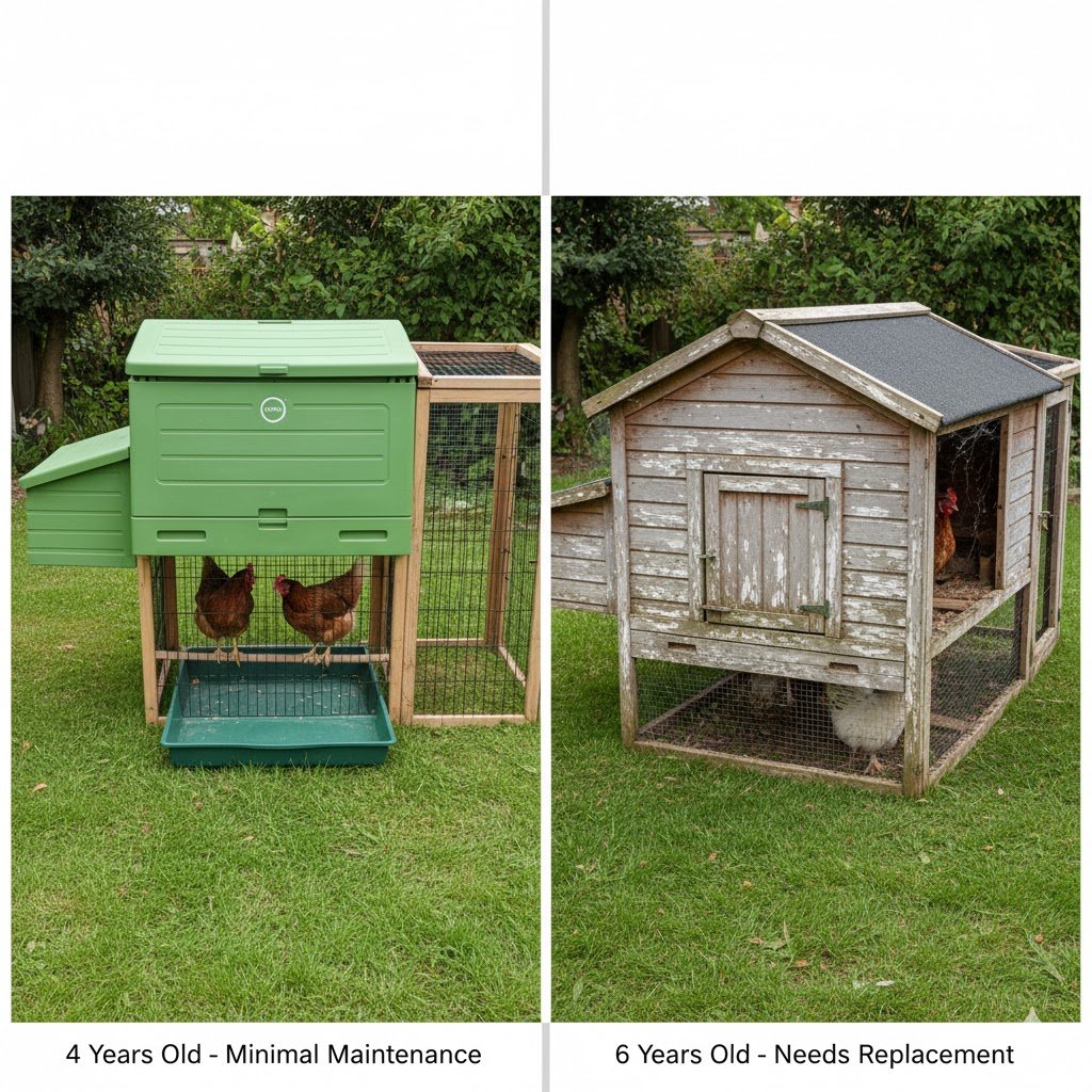 Side-by-side comparison showing modern green Omlet Eglu Cube plastic chicken coop next to weathered traditional wooden hen house demonstrating durability differences