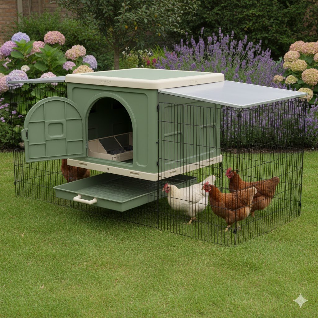 Green Omlet Eglu Cube plastic chicken coop with twin-wall insulation and attached secure run showing modern design features
