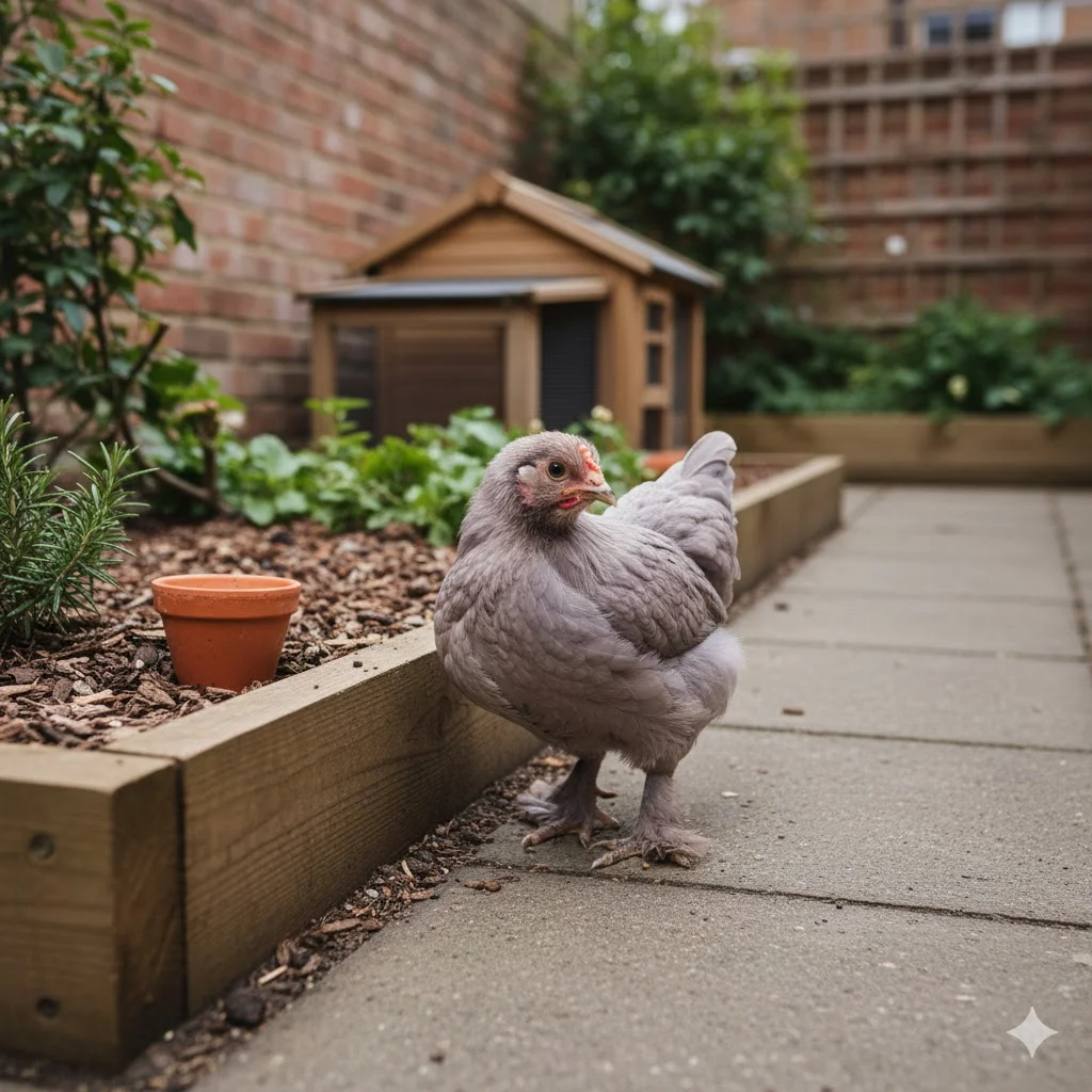 Small fluffy Pekin Bantam chicken with feathered feet in a compact urban garden space