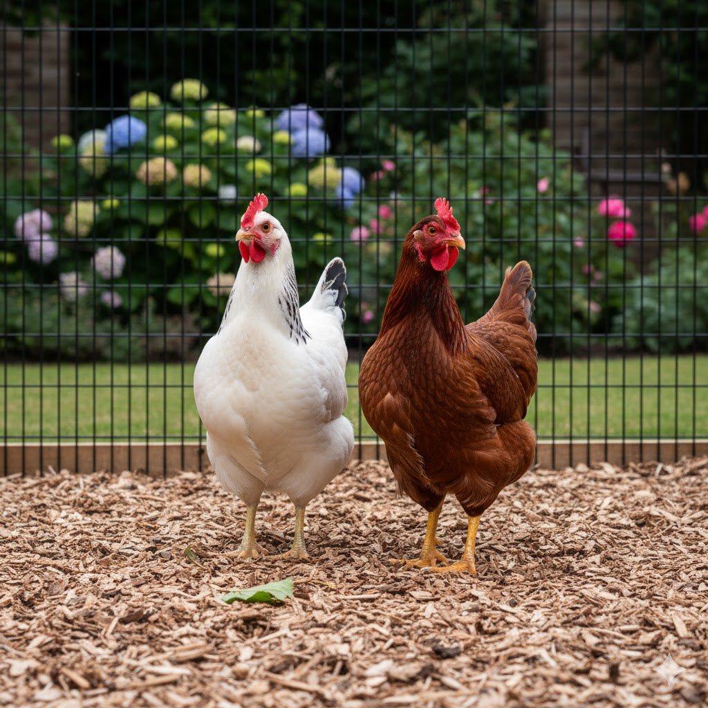 Side-by-side view of a Light Sussex chicken and a Rhode Island Red chicken in a garden run