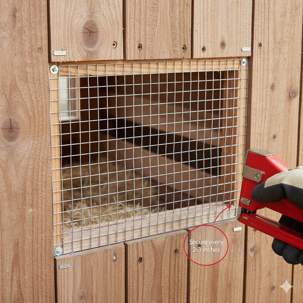 Close-up photograph of quarter-inch galvanized hardware cloth mesh securely stapled over wooden chicken coop vent opening showing proper predator-proof installation technique with tight fastening and no gaps