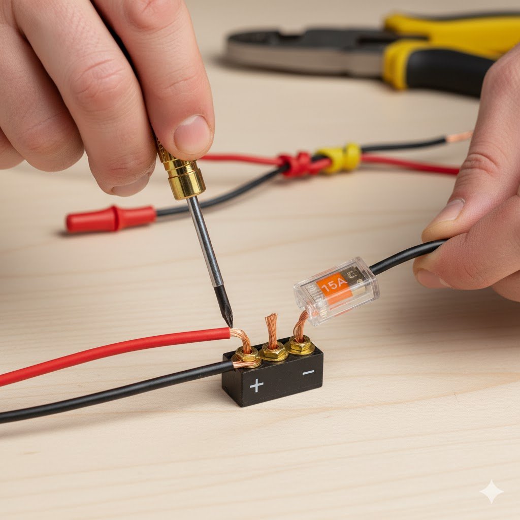 Close-up of 12-gauge red and black DC wiring connections showing proper terminal connections, wire nuts, and inline blade fuse holder for electrical safety