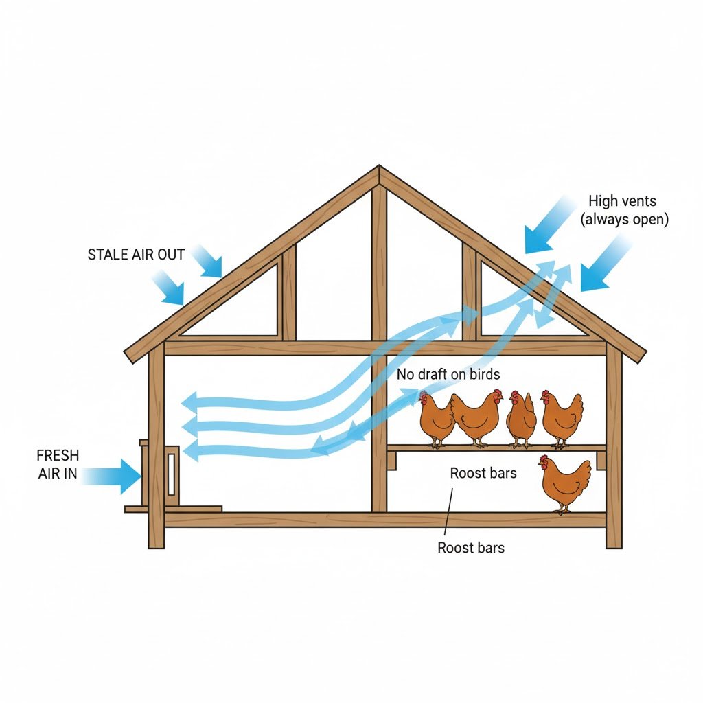 Diagram showing chicken coop cross-ventilation with blue arrows indicating fresh air entering through pop door at bottom and stale air exiting through high gable vents above roosting bars