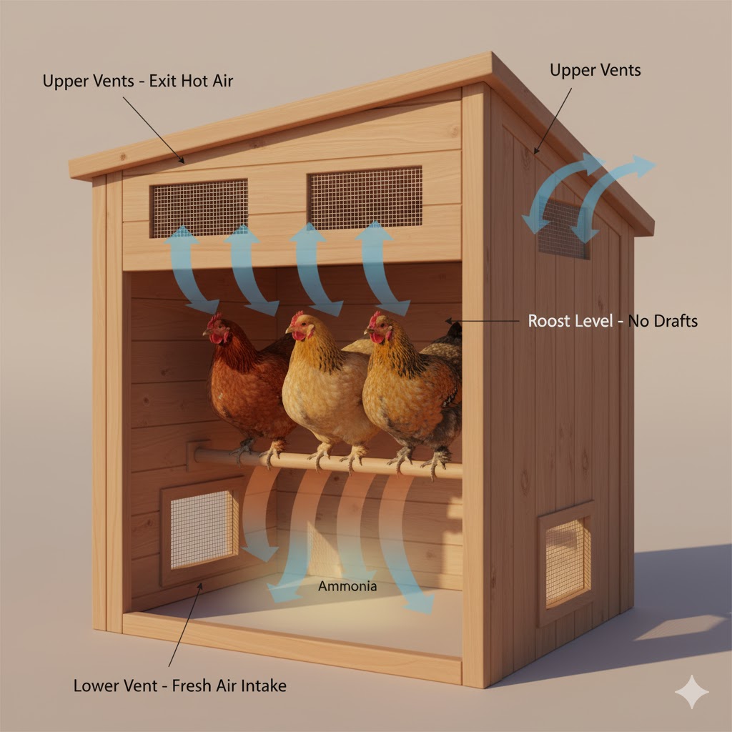 Wooden chicken coop with upper ventilation vents near roofline showing airflow arrows moving hot ammonia-laden air out while preventing drafts at roost level