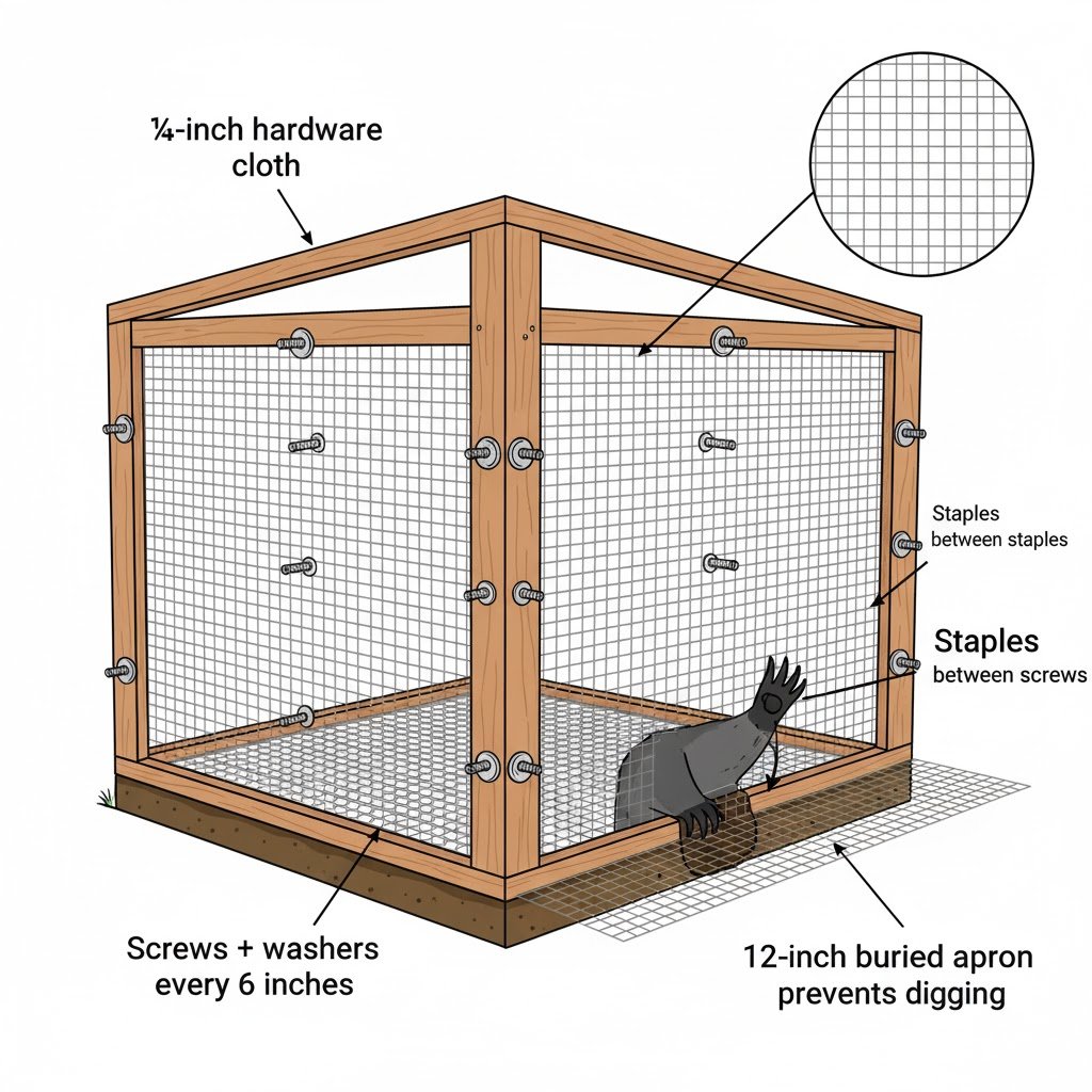 Close-up detail showing quarter-inch hardware cloth mesh secured to wooden coop frame with screws and washers every 6 inches, with buried apron extending 12 inches underground to prevent digging predators