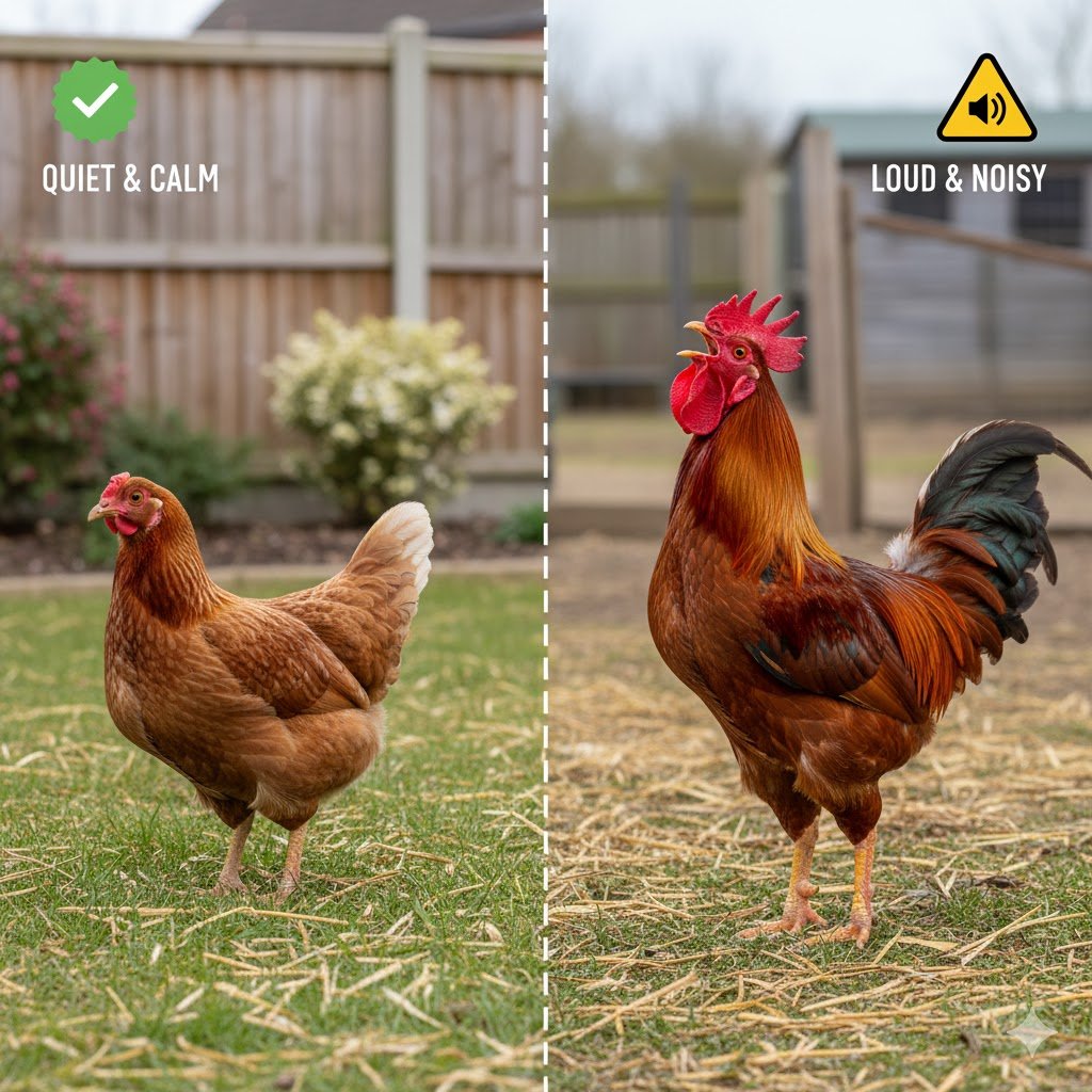 Side-by-side comparison showing peaceful brown hen on left and crowing colorful rooster on right, illustrating noise difference