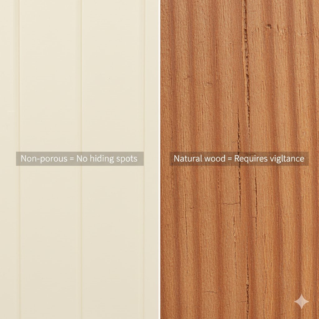 Close-up of smooth non-porous plastic chicken coop surfaces showing red mite resistant design compared to wooden surfaces with crevices