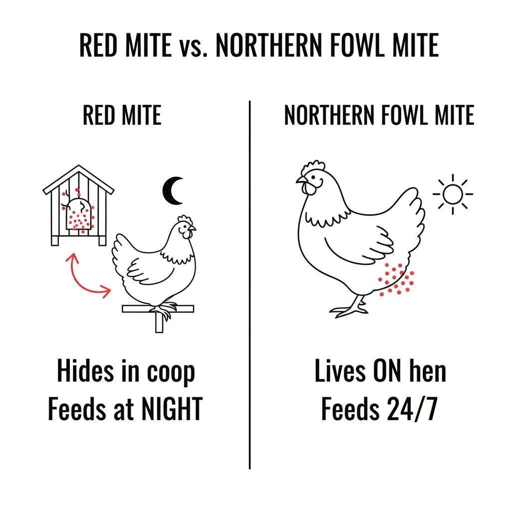 An infographic diagram comparing the Red Mite, which lives in coop cracks and feeds at night, to the Northern Fowl Mite, which lives on the hen 24/7.
