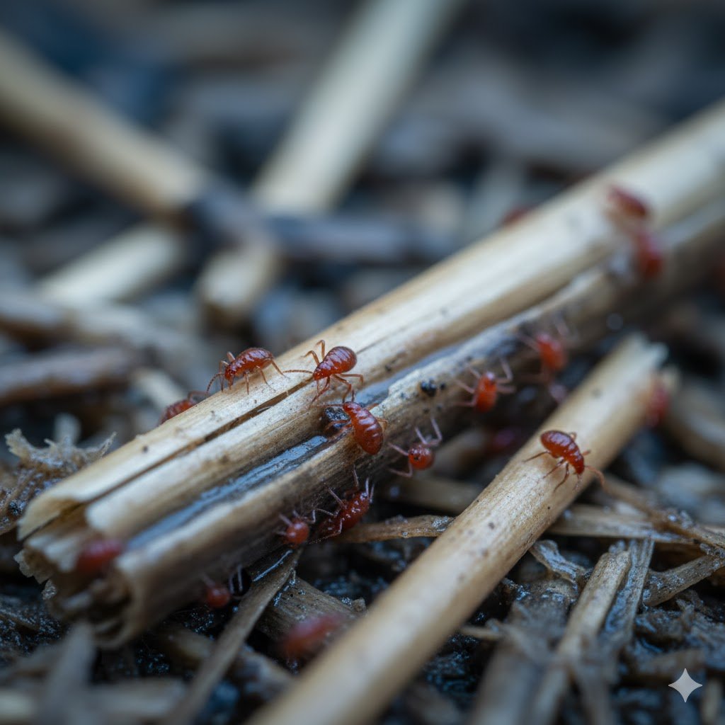Close up of red mites in damp straw chicken bedding showing pest infestation problem in UK coops