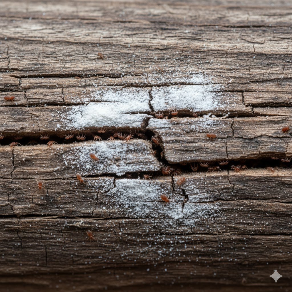 Extreme close-up showing tiny red mites clustered in the cracks and crevices of a wooden perch, demonstrating typical hiding spots