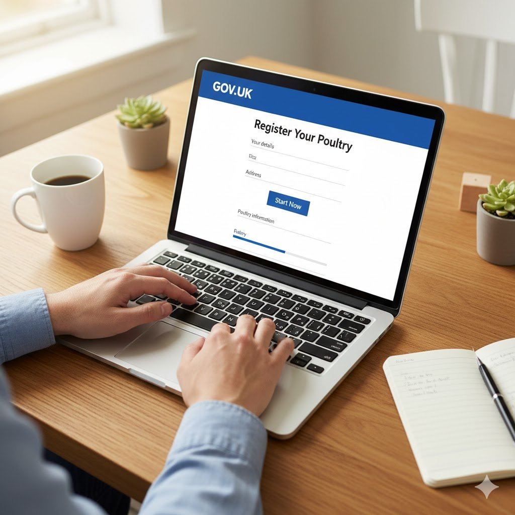 Person's hands typing on laptop showing GOV.UK poultry registration form on screen with coffee cup nearby