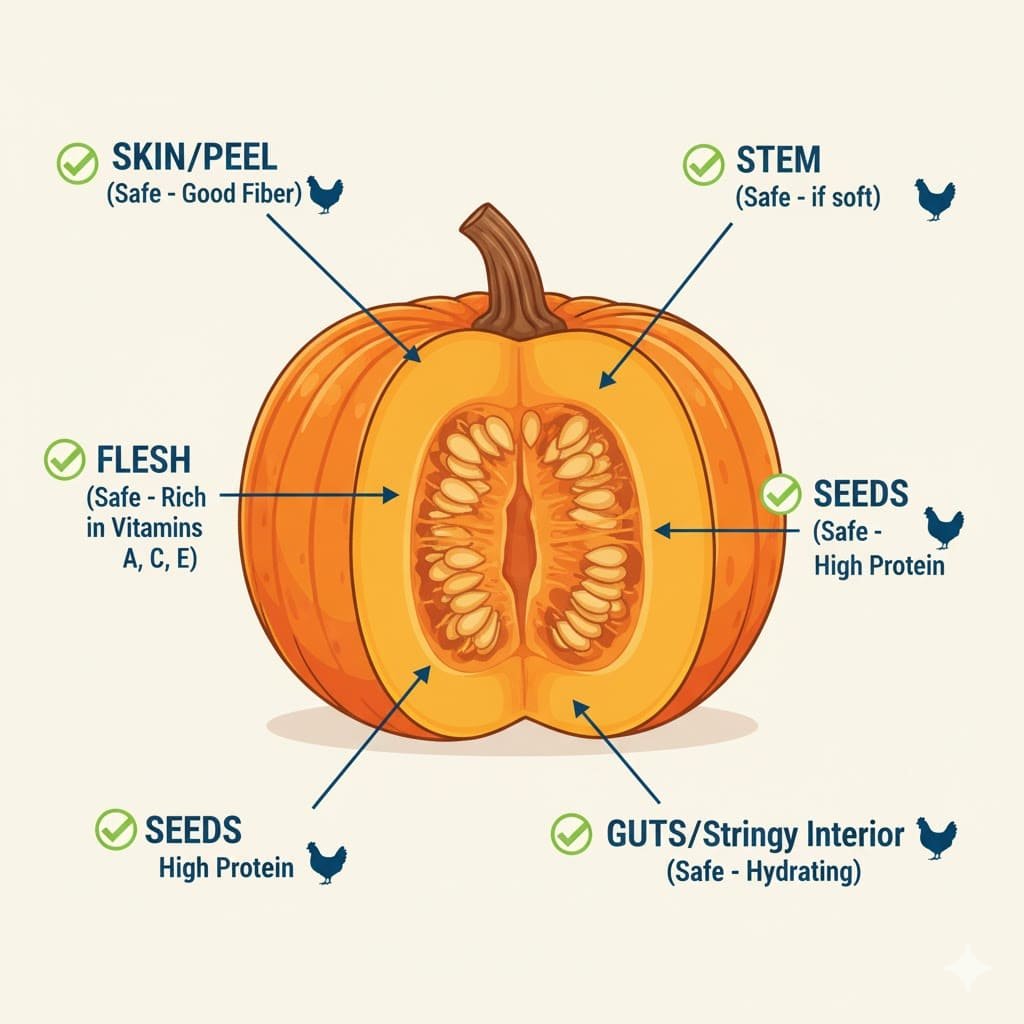 Educational diagram showing which parts of pumpkin chickens can eat including seeds skin flesh guts and stems