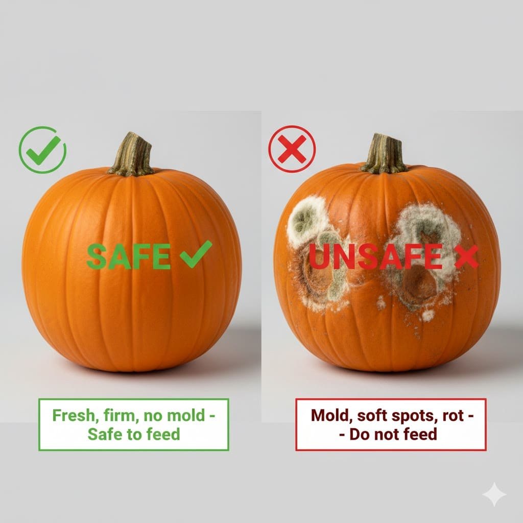 Side by side comparison showing fresh safe pumpkin versus moldy unsafe pumpkin chickens should not eat