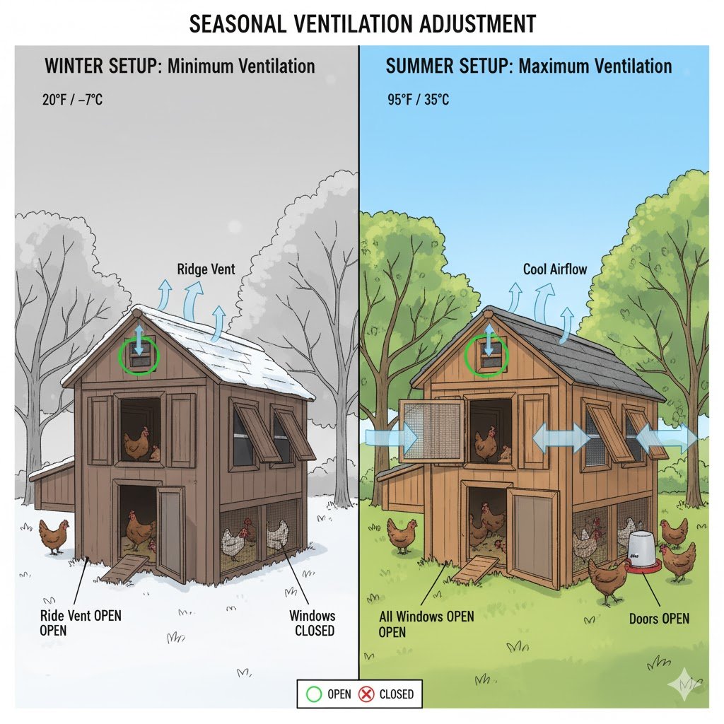 Side-by-side comparison showing chicken coop ventilation configuration in winter with minimal high vents open and adjustable covers versus summer with all windows doors and vents fully open for maximum airflow