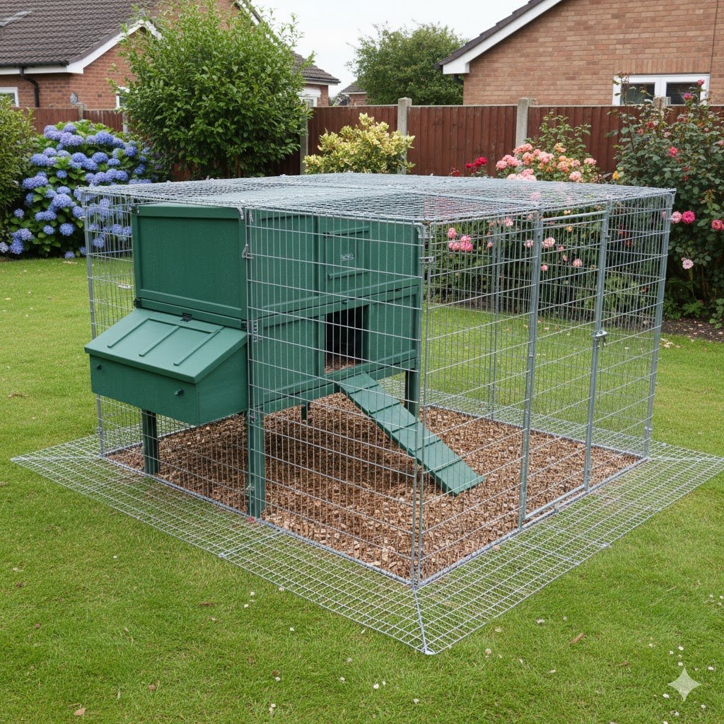 Well-constructed chicken coop with galvanized wire mesh fencing, secure locks, and protective dig skirt in a UK garden